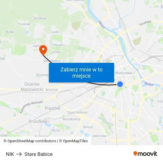 NIK to Stare Babice map