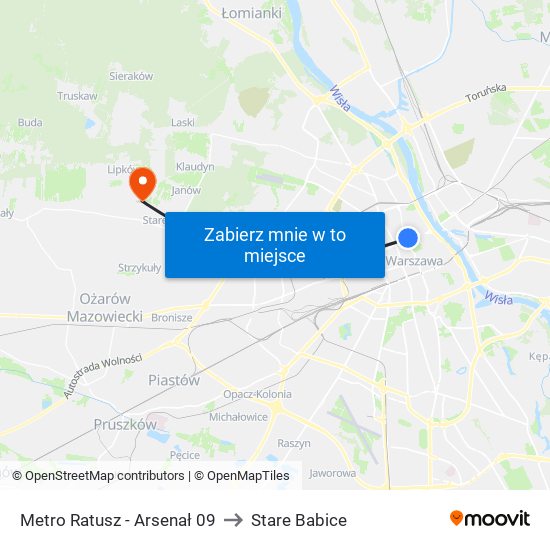 Metro Ratusz Arsenał to Stare Babice map