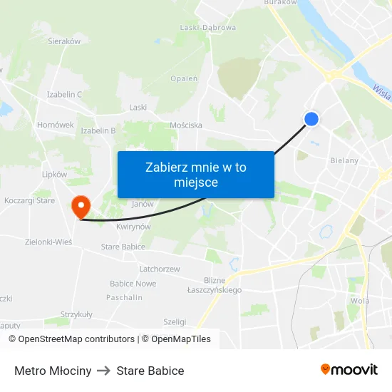 Metro Młociny to Stare Babice map
