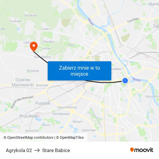 Agrykola to Stare Babice map