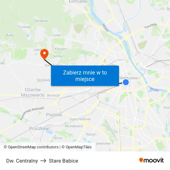 Dw. Centralny to Stare Babice map