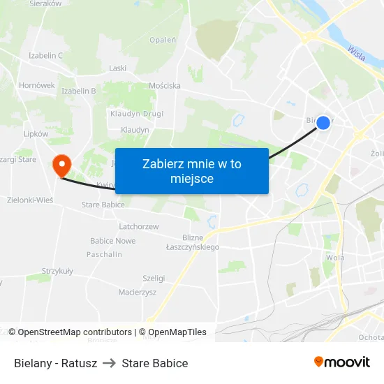 Bielany - Ratusz to Stare Babice map