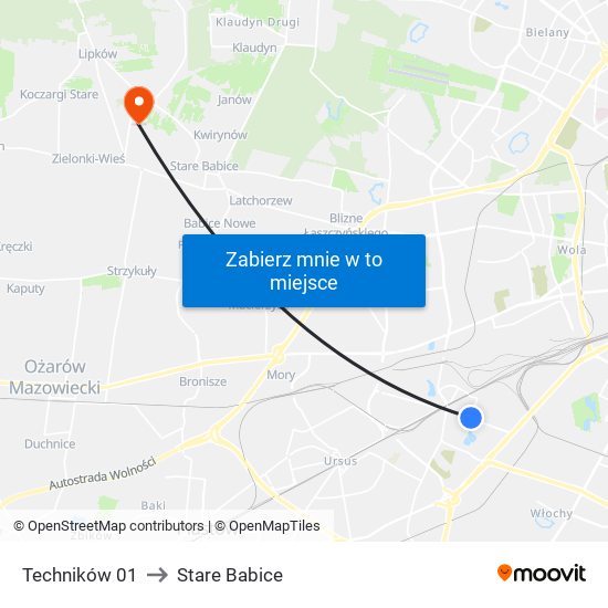 Techników to Stare Babice map