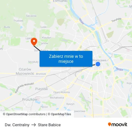 Dw. Centralny to Stare Babice map