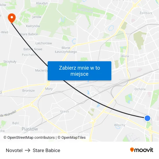 Novotel to Stare Babice map
