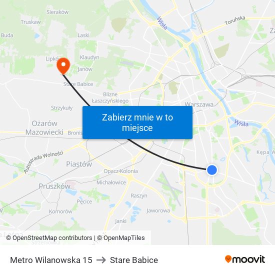 Metro Wilanowska 15 to Stare Babice map