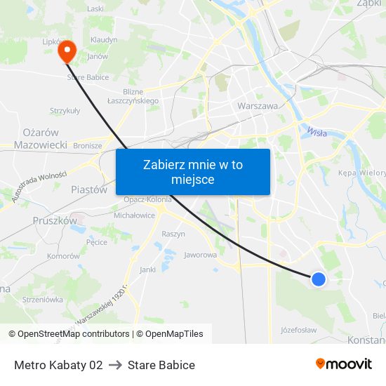 Metro Kabaty to Stare Babice map