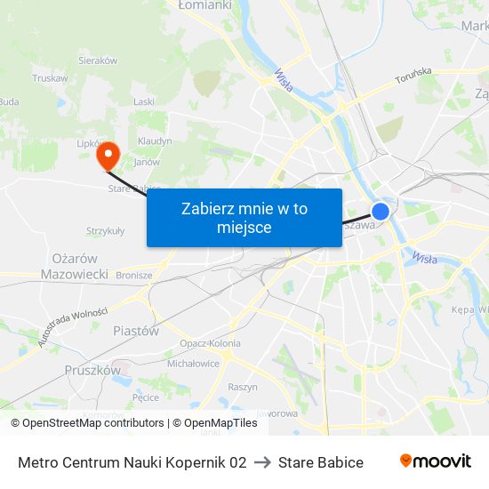 Metro Centrum Nauki Kopernik to Stare Babice map