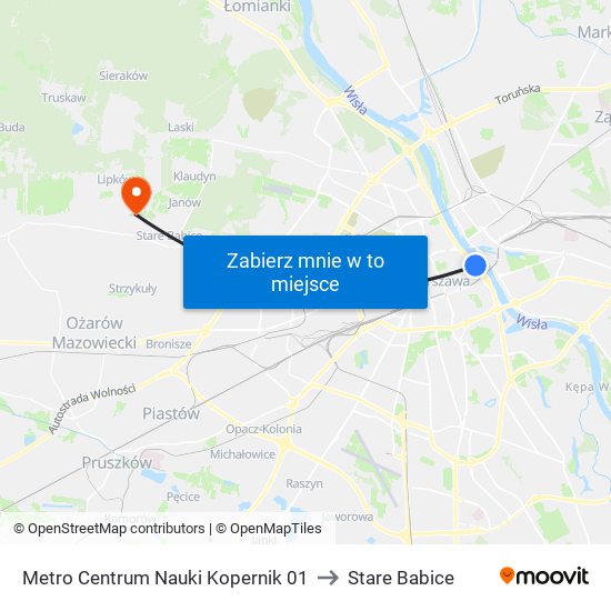 Metro Centrum Nauki Kopernik 01 to Stare Babice map