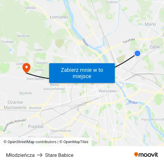 Młodzieńcza to Stare Babice map