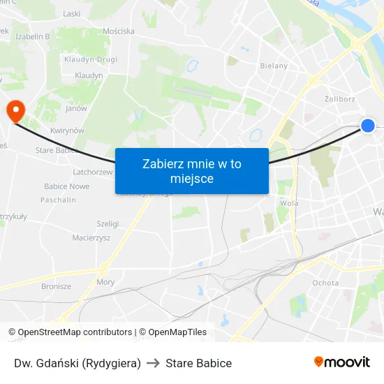 Dw. Gdański (Rydygiera) to Stare Babice map
