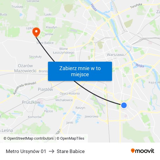 Metro Ursynów to Stare Babice map