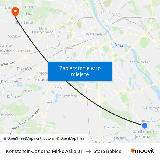 Konstancin-Jeziorna Mirkowska 01 to Stare Babice map