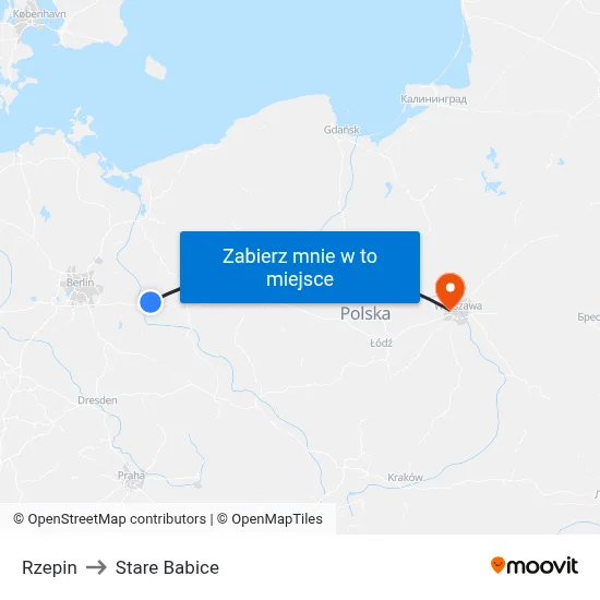 Rzepin to Stare Babice map