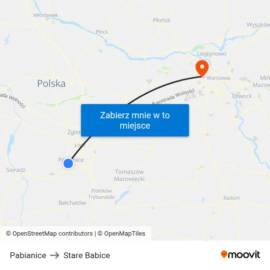 Pabianice to Stare Babice map