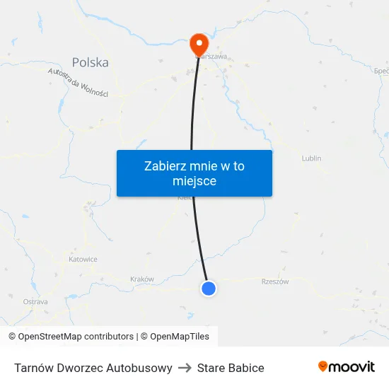 Tarnów Dworzec Autobusowy to Stare Babice map