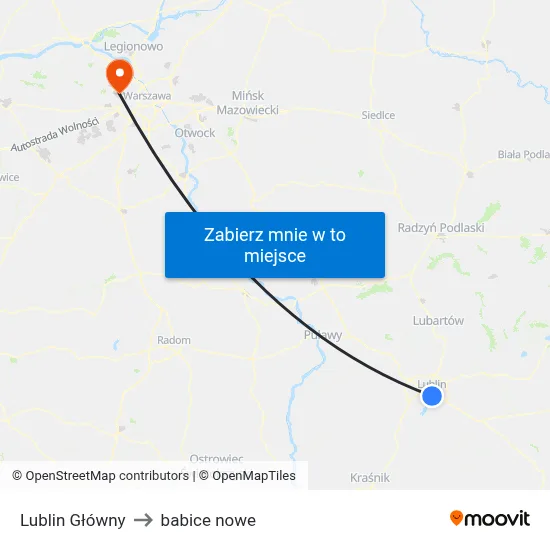 Lublin Główny to babice nowe map