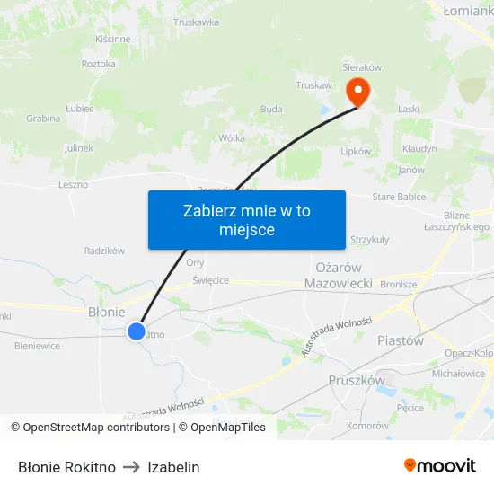 Błonie Rokitno to Izabelin map