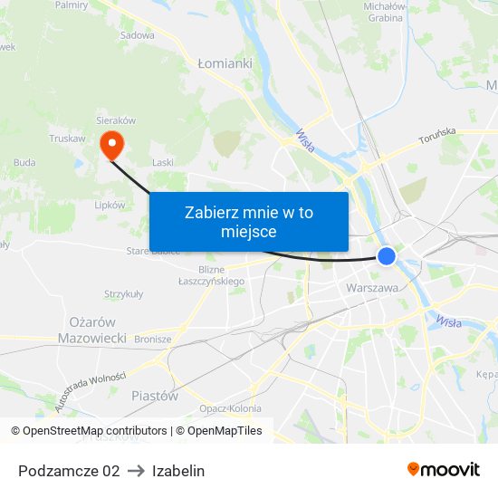 Podzamcze to Izabelin map