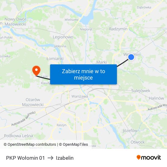 PKP Wołomin 01 to Izabelin map