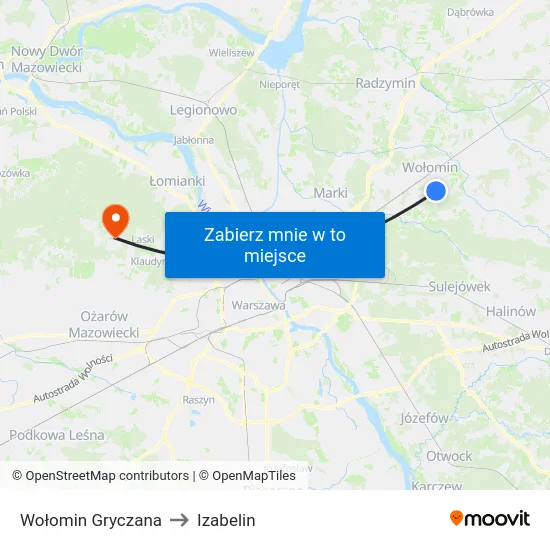 Wołomin Gryczana to Izabelin map