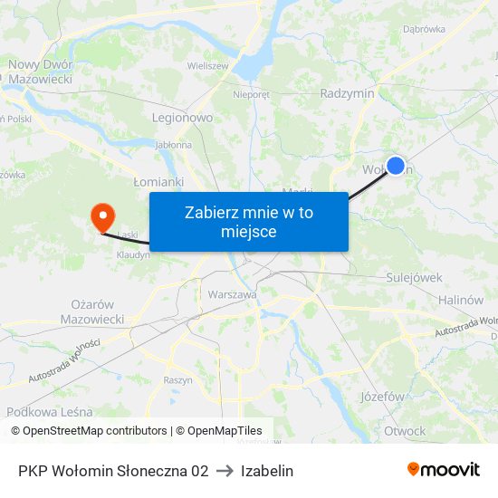 PKP Wołomin Słoneczna to Izabelin map