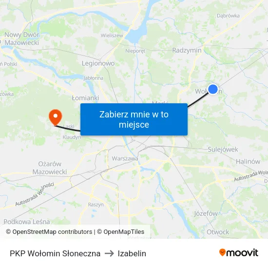 PKP Wołomin Słoneczna to Izabelin map