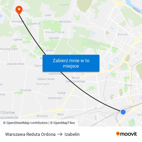 Warszawa Reduta Ordona to Izabelin map