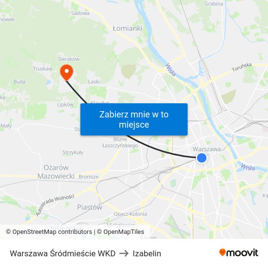 Warszawa Śródmieście WKD to Izabelin map