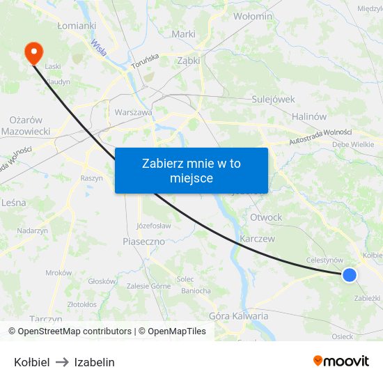 Kołbiel to Izabelin map