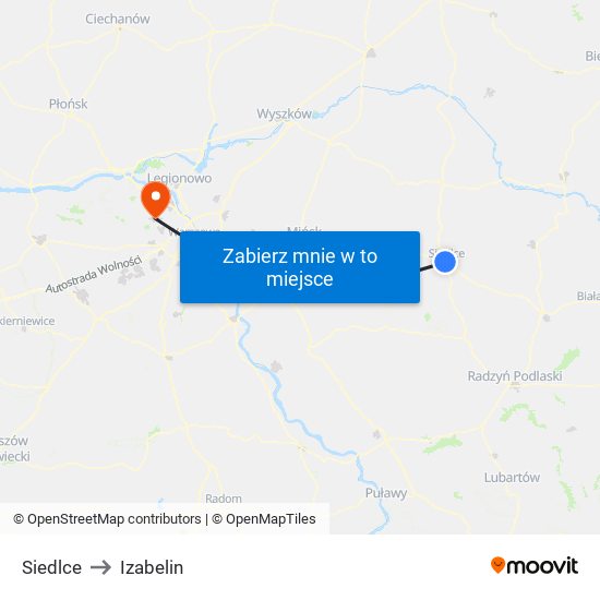 Siedlce to Izabelin map