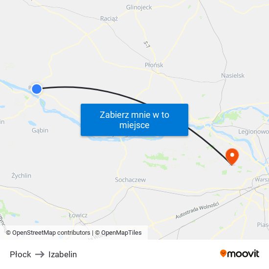 Płock to Izabelin map