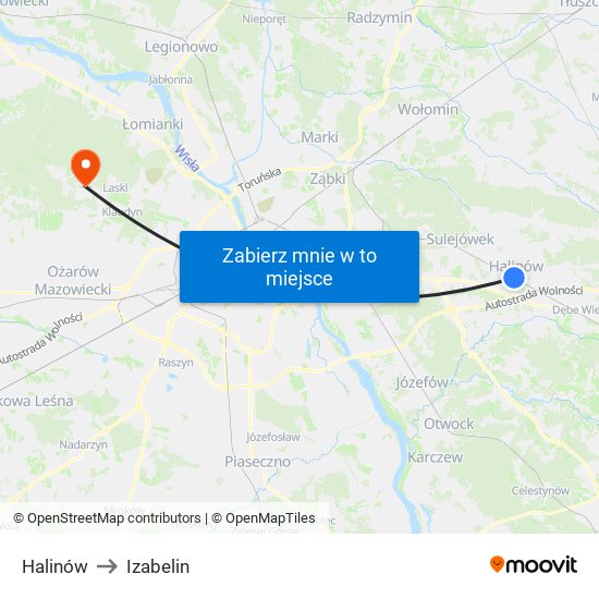 Halinów to Izabelin map