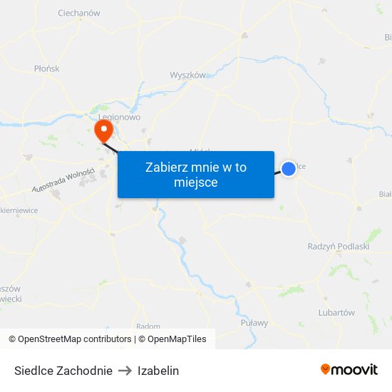 Siedlce Zachodnie to Izabelin map