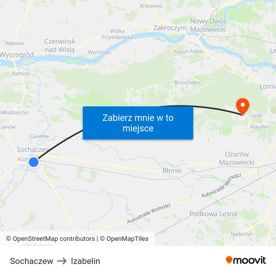 Sochaczew to Izabelin map