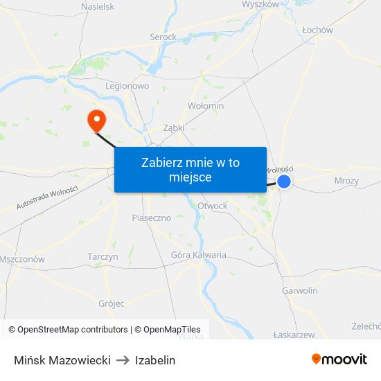 Mińsk Mazowiecki to Izabelin map