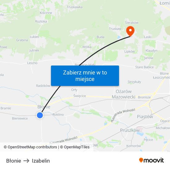 Błonie to Izabelin map