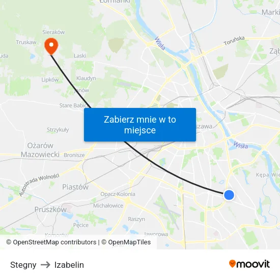 Stegny to Izabelin map