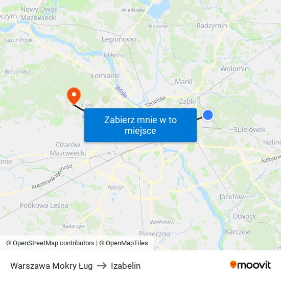 Warszawa Mokry Ług to Izabelin map