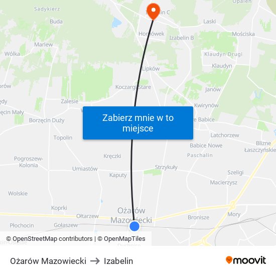 Ożarów Mazowiecki to Izabelin map