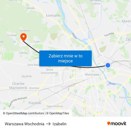 Warszawa Wschodnia to Izabelin map