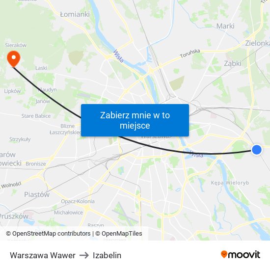 Warszawa Wawer to Izabelin map