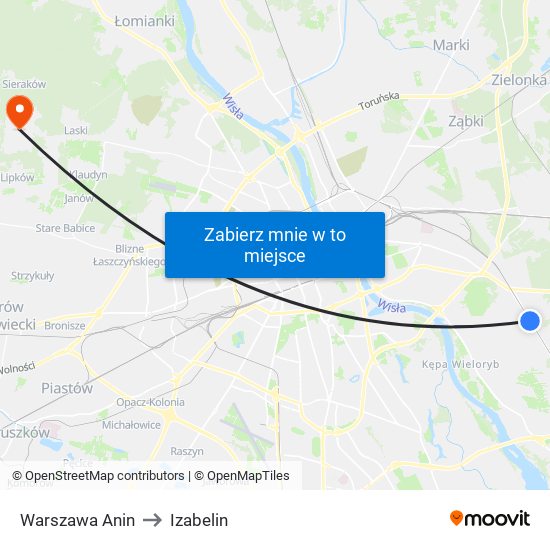 Warszawa Anin to Izabelin map