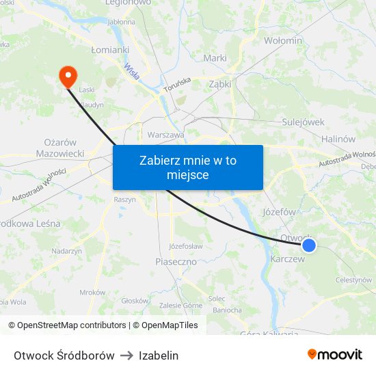 Otwock Śródborów to Izabelin map