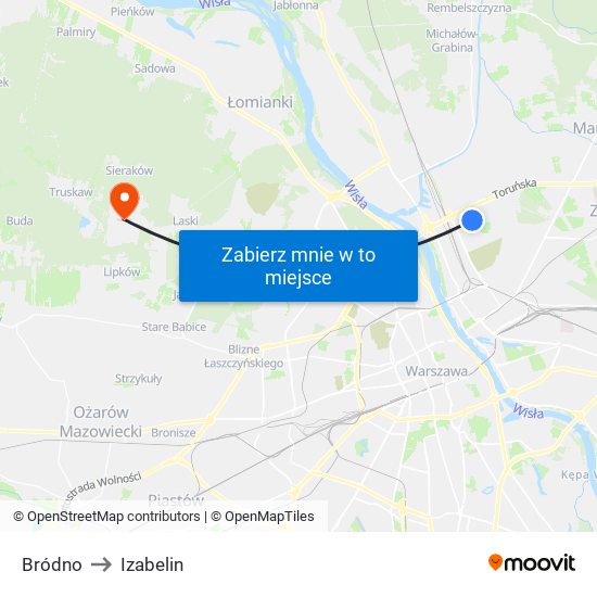 Bródno to Izabelin map