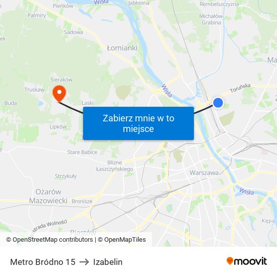 Metro Bródno 15 to Izabelin map