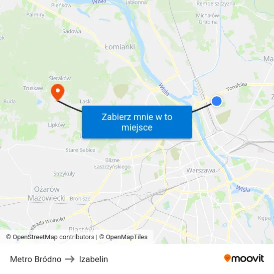 Metro Bródno to Izabelin map