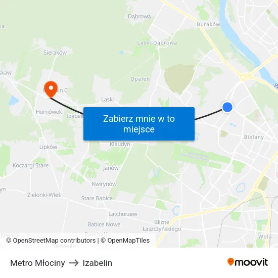 Metro Młociny to Izabelin map