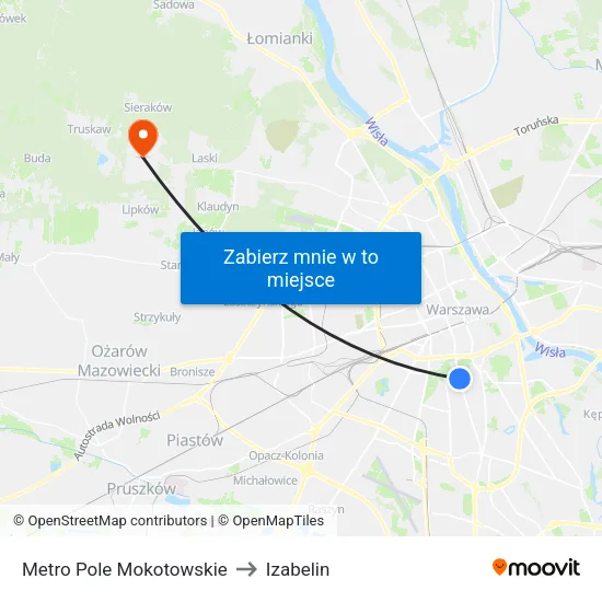 Metro Pole Mokotowskie to Izabelin map