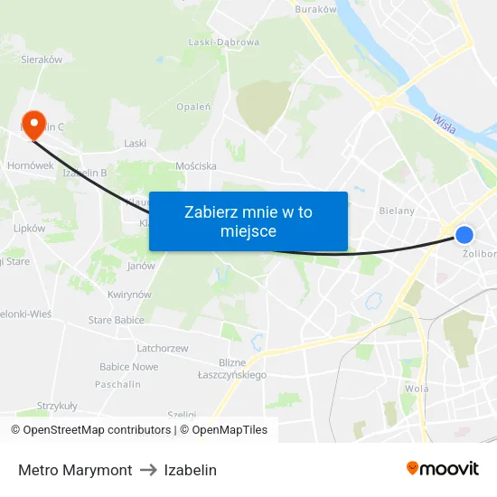 Metro Marymont to Izabelin map